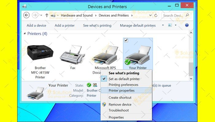 Chọn thuộc tính máy in trong Devices and Printers Windows để chia sẻ máy in cho Macbook