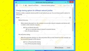 Bật chia sẻ file và máy in trong cài đặt mạng nâng cao của Windows để cài máy in qua mạng cho Macbook
