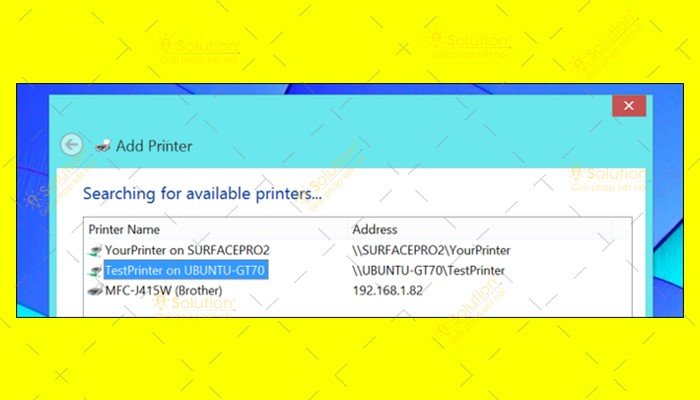 Danh sách máy in được chia sẻ hiển thị khi thêm máy in trên Windows client