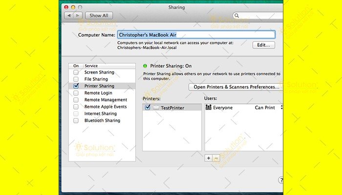 Thiết lập tùy chọn chia sẻ và đặt tên máy in trên Macbook