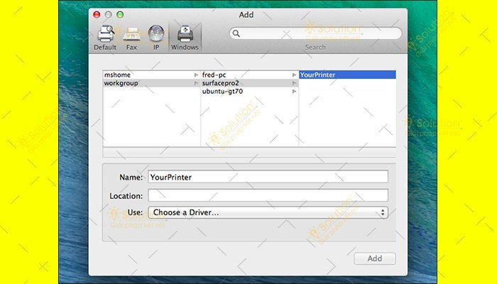 Chọn máy in Windows được chia sẻ từ Workgroup để thêm vào Macbook