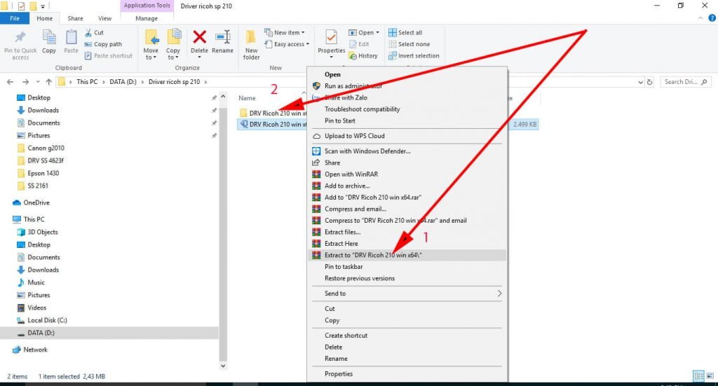 Giải nén file driver Ricoh SP210 đã tải về máy tính