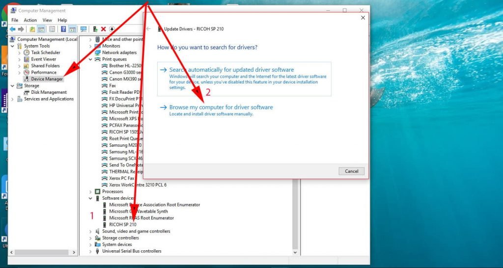 Truy cập Device Manager để cập nhật driver cho máy in Ricoh SP 210