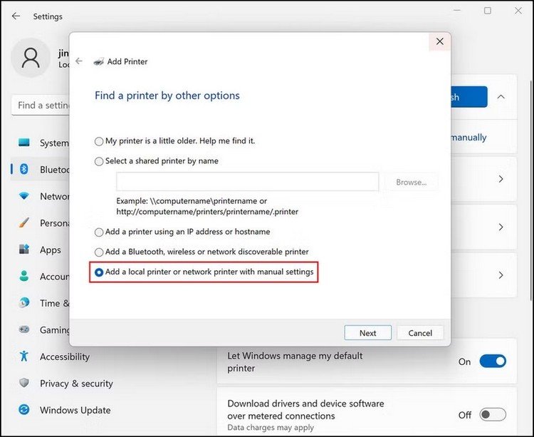 Thông báo máy in không được tìm thấy trong Windows Settings