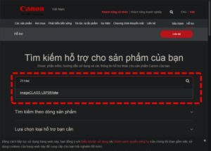 Menu "Hỗ trợ" trên website Canon