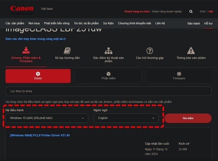 Trang hỗ trợ máy in LBP251dw chọn hệ điều hành