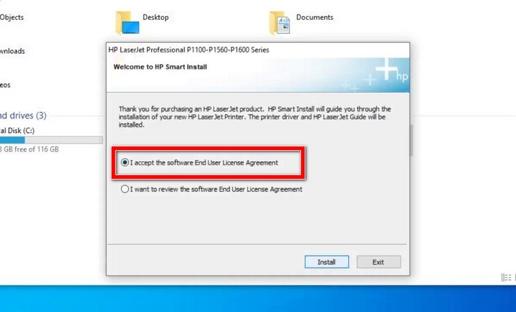 Chấp nhận điều khoản sử dụng để tiếp tục cài đặt máy in HP P1102w với Smart Install