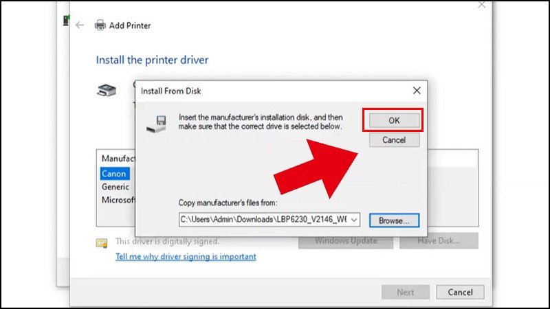 Hộp thoại Install from Disk khi cài driver máy in