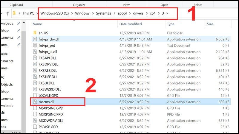 Dán file mscms.dll vào thư mục con số 3 của driver máy in