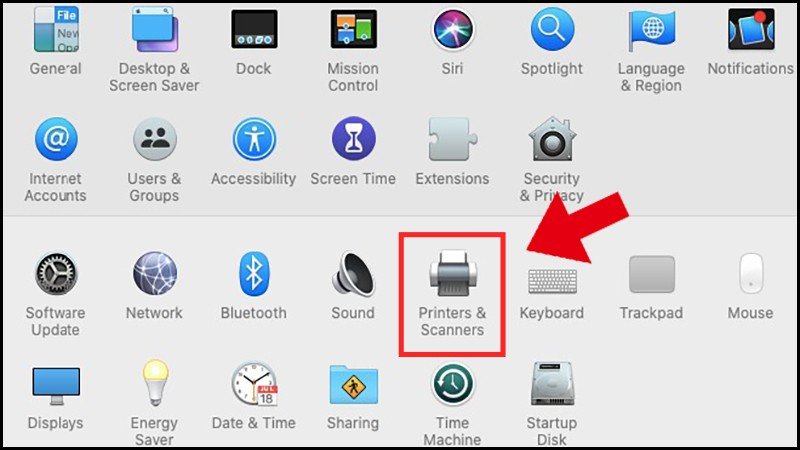 Chọn mục Printers & Scanners trong System Preferences của MacBook
