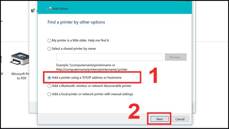 Chọn Add a printer using a TCP/IP address để cài máy in qua IP