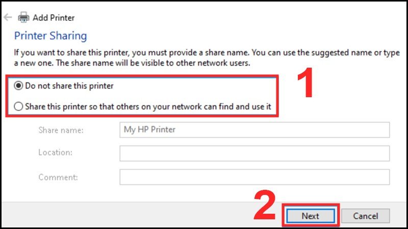 Tùy chọn chia sẻ máy in qua mạng cho người dùng khác