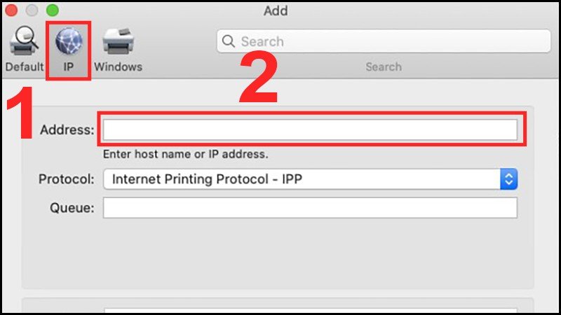 Nhập địa chỉ IP máy in vào ô Address trong cài đặt Mac
