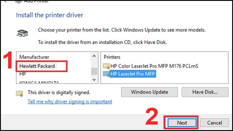 Chọn tên máy in cần kết nối sau khi Windows dò tìm