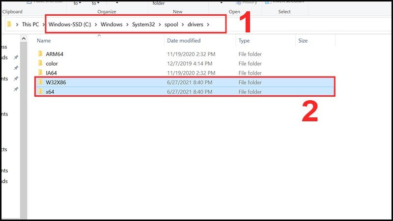 Điều hướng đến thư mục driver spool W32X86 hoặc x64