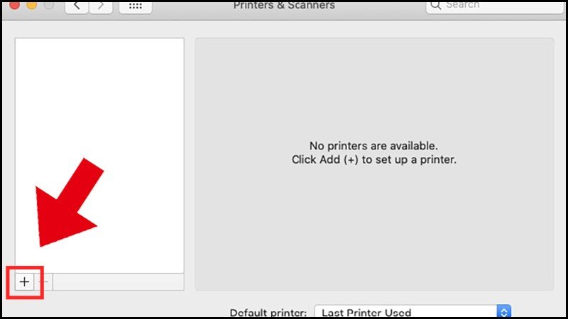 Nhấn nút dấu cộng để thêm máy in mới trên MacBook