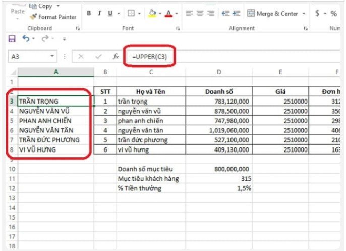Cách sử dụng hàm UPPER để chuyển chữ thường sang in hoa trong Excel
