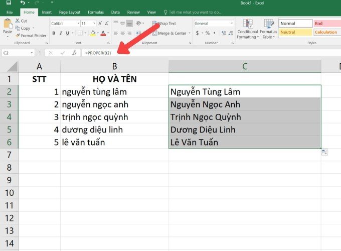 Ví dụ minh họa cách dùng hàm PROPER trong Excel để định dạng chữ cái đầu in hoa