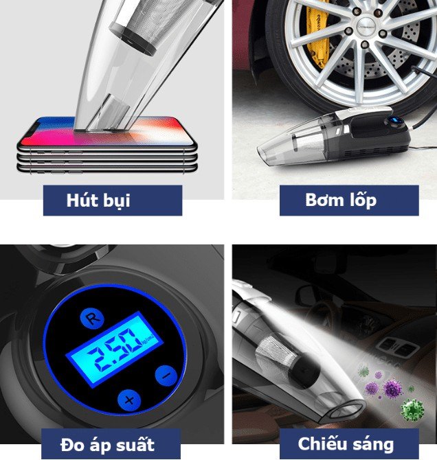Màn hình kỹ thuật số hiển thị áp suất lốp trên máy hút bụi 4 in 1