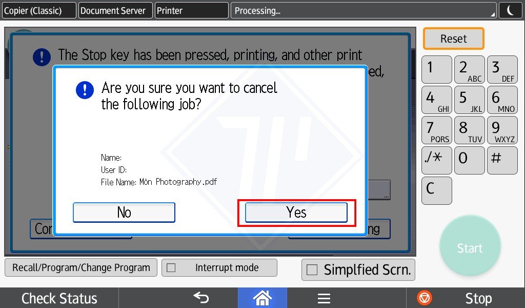 Nút Yes để xác nhận hủy lệnh in trên máy photocopy