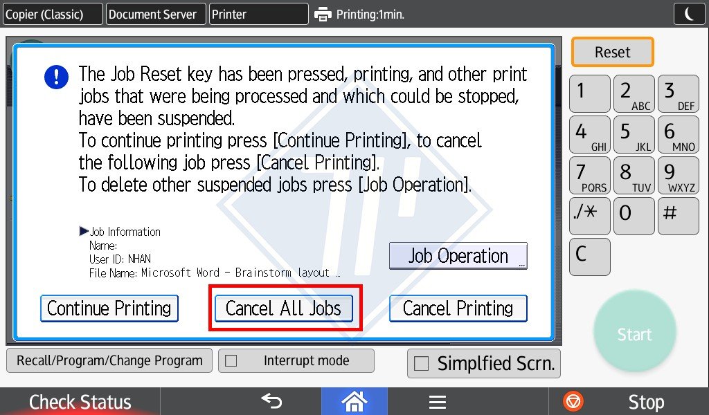 Tùy chọn Cancel All Jobs để hủy tất cả lệnh in trên máy photocopy