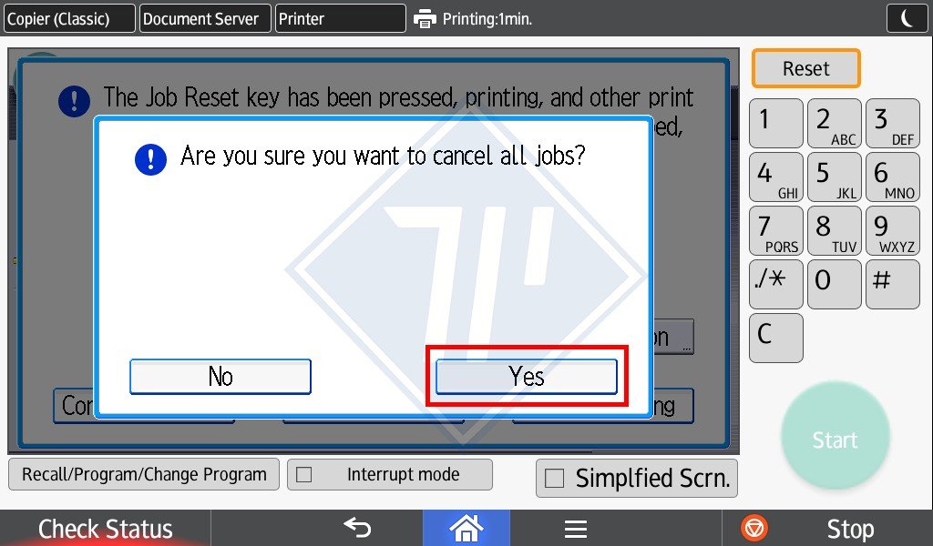 Xác nhận Yes để hủy tất cả các lệnh in trên máy photocopy Ricoh