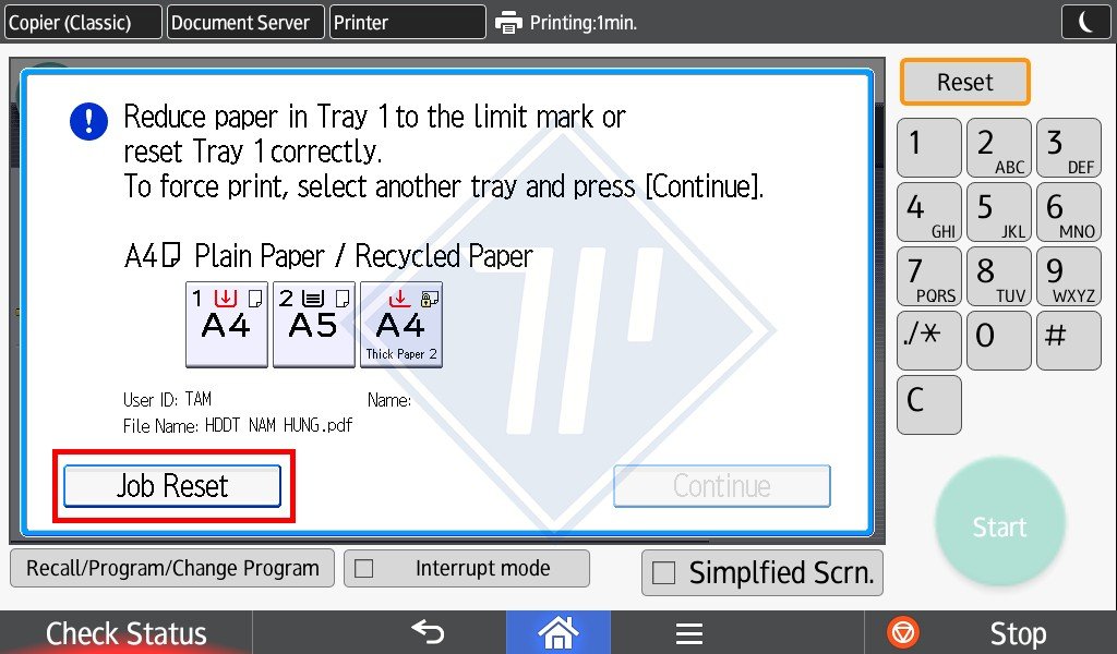Nút Job Reset trên màn hình máy photocopy Ricoh để hủy tác vụ
