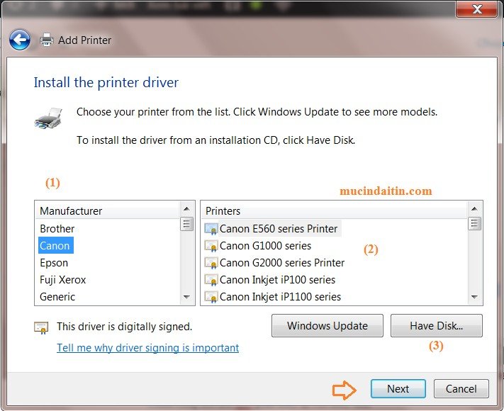 Chọn đường dẫn đến thư mục chứa driver máy in Canon khi cài đặt thủ công trên Windows