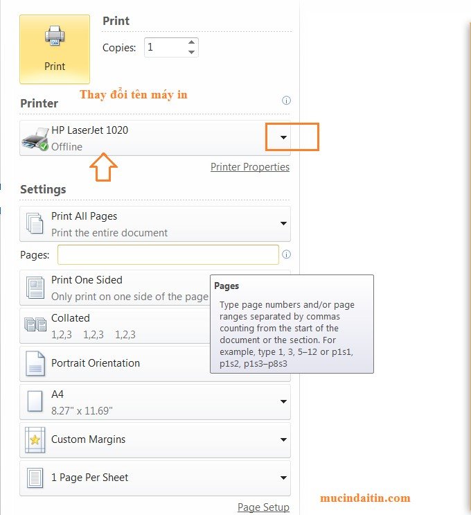 Kiểm tra và chọn đúng tên máy in Canon LBP 3300 trong hộp thoại in trên Windows 8