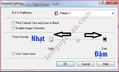 Điều chỉnh thanh trượt Toner Density để thay đổi độ đậm nhạt mực in Canon