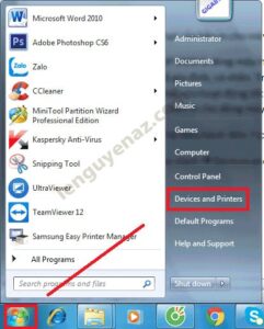 Tìm Devices and Printers trong Windows để cài đặt mực in Canon 2900 mặc định