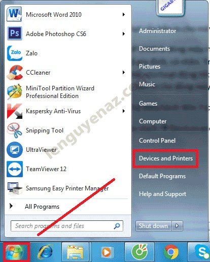 Tìm Devices and Printers trong Windows để cài đặt mực in Canon 2900 mặc định