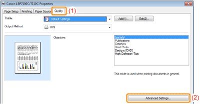 Truy cập Advanced Settings trong tab Quality của máy in laser màu Canon