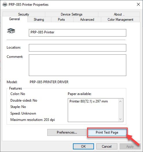 Nhấn 'Print Test Page' để kiểm tra cài đặt cắt giấy máy in