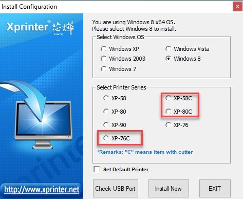 Tên driver máy in thường có ký hiệu 'C' cho biết hỗ trợ cắt giấy