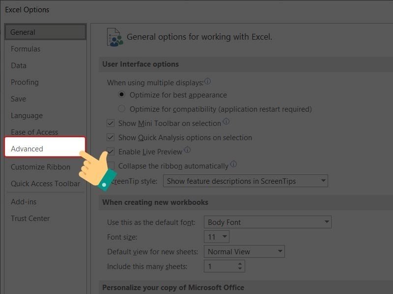 Trong cửa sổ Options, chọn mục Advanced (Nâng cao)
