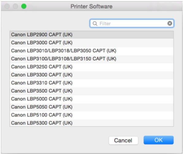 Trong cửa sổ Printer Software, tìm và chọn driver Canon LBP6030W.