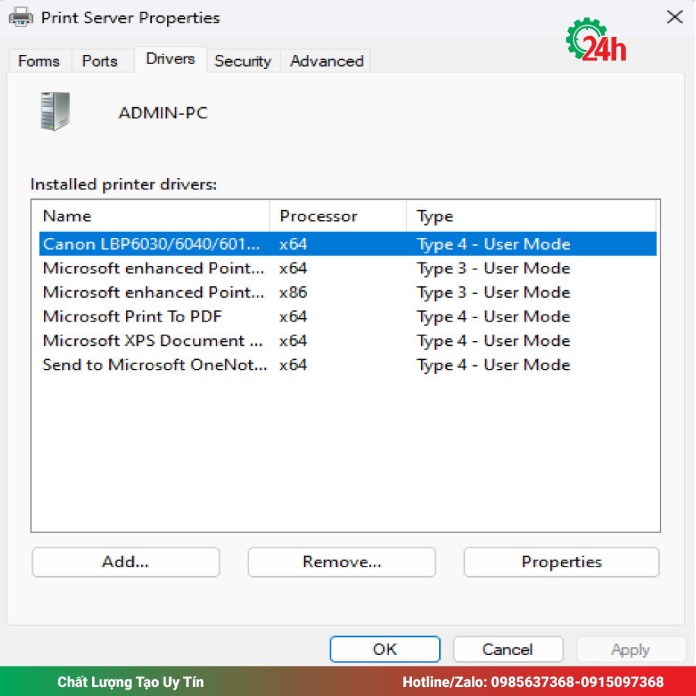 Chọn và xóa driver máy in cụ thể trong Print Server Properties