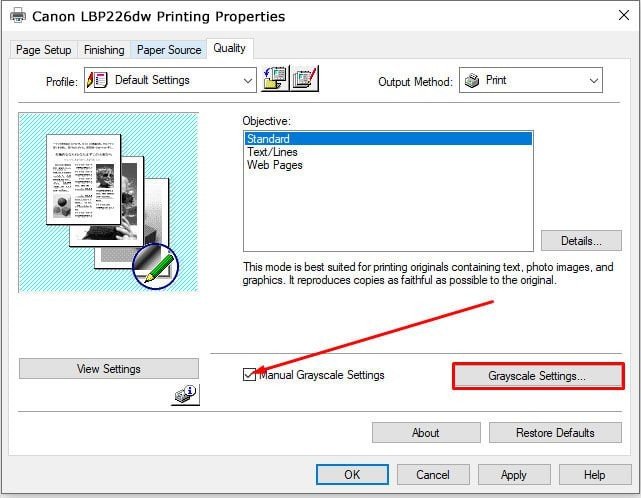 Trong tab Quality, tích chọn Manual Grayscale Settings để chỉnh độ đậm nhạt