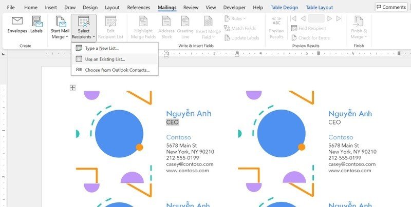 Giao diện chọn nguồn dữ liệu Excel trong Mail Merge Word