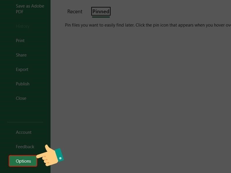 Chọn mục Options (Tùy chọn) để vào cài đặt Excel