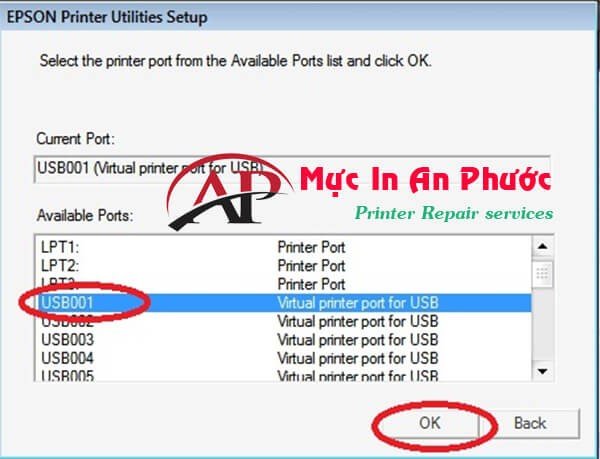 Chọn cổng USB kết nối cho máy in Epson T60 trong cài đặt