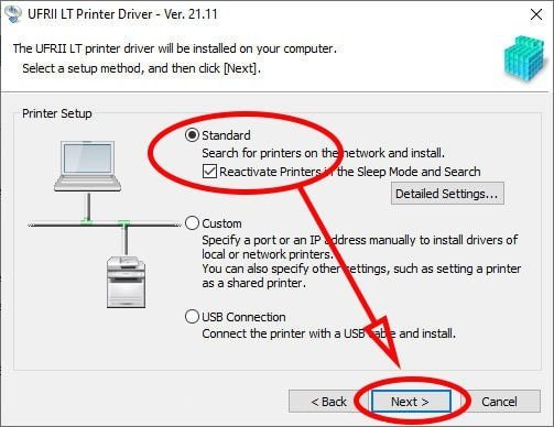 Chọn chế độ Standard trong công cụ cài đặt mạng Canon