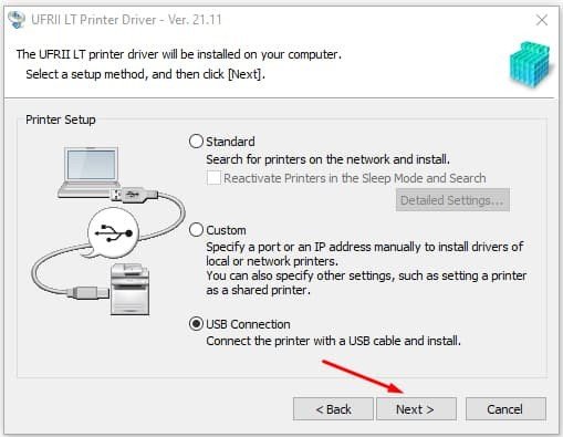 Hộp thoại cài đặt máy in Canon LBP 6030 yêu cầu chọn "Install with USB Connection" và nhấn Next