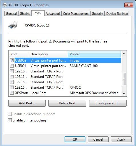 Chọn cổng USB kết nối cho máy in Xprinter K80 trong cài đặt driver
