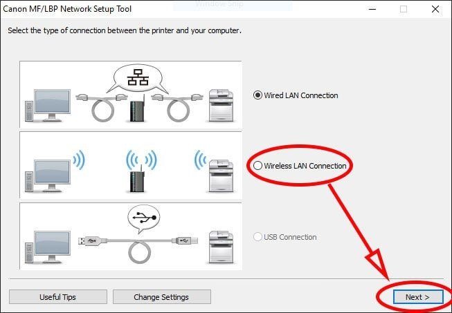 Giao diện lựa chọn "Wireless LAN Connection" để bắt đầu cài đặt WiFi cho máy in Canon 6030W