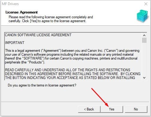 Xác nhận đồng ý các điều khoản khi cài đặt driver Canon