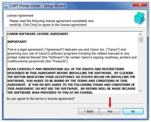 Chọn Yes để đồng ý với các điều khoản cài đặt phần mềm máy in Canon