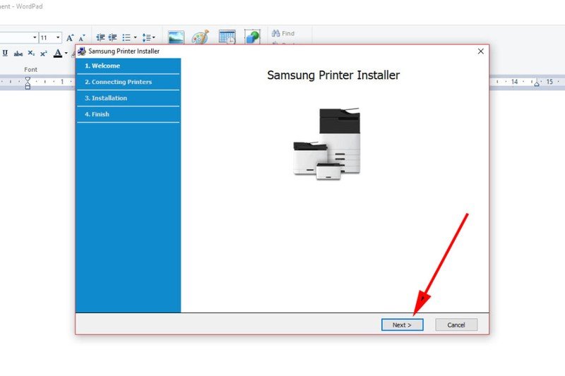 Cửa sổ cài đặt máy in Samsung ML 1640 nhấn nút Next