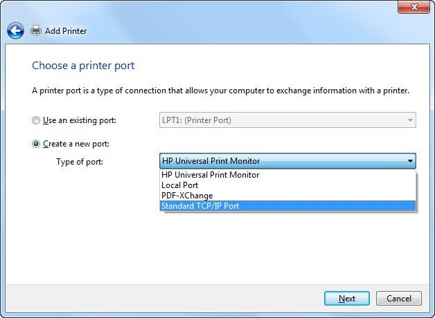 Tạo cổng mới Standard TCP/IP Port